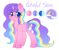 Size: 2840x2407 | Tagged: safe, artist:adostume, imported from derpibooru, oc, oc only, oc:wishful skies, pony, unicorn, blushing, female, mare, reference sheet, simple background, solo, starry eyes, white background, wingding eyes