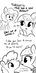 Size: 1650x3300 | Tagged: safe, artist:tjpones, imported from derpibooru, maud pie, pinkie pie, twilight sparkle, alicorn, earth pony, pony, comic, dialogue, ear fluff, female, flirting, grayscale, love poison, male, mare, monochrome, simple background, stallion, subtle as a train wreck, twilight sparkle (alicorn), white background