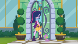 Size: 2208x1242 | Tagged: safe, imported from derpibooru, screencap, sci-twi, spike, spike the regular dog, twilight sparkle, dog, equestria girls, equestria girls series, my little shop of horrors, apron, boots, celestia's house, clothes, discovery family logo, glasses, gloves, plants, ponytail, rear view, shoes, skirt, watering can