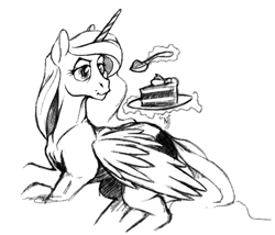 Size: 870x745 | Tagged: safe, artist:skrapbox, imported from derpibooru, princess luna, alicorn, pony, cake, female, food, grayscale, magic, mare, monochrome, simple background, solo, spoon, telekinesis, white background