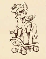 Size: 601x770 | Tagged: safe, artist:skrapbox, imported from derpibooru, scootaloo, pegasus, pony, bandaid, bandaid on nose, female, filly, monochrome, scooter, sketch, solo, traditional art