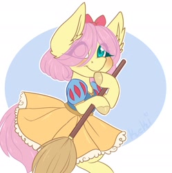 Size: 1776x1782 | Tagged: safe, artist:little-keki, imported from derpibooru, fluttershy, pegasus, pony, alternate hairstyle, bow, broom, clothes, cosplay, costume, cute, disney, dress, eye clipping through hair, female, hair bow, hair over one eye, holding, hoof on chin, looking away, looking up, shyabetes, smiling, snow white, solo