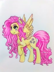 Size: 960x1280 | Tagged: safe, artist:laserdust, imported from derpibooru, fluttershy, pegasus, pony, blush sticker, blushing, female, raised hoof, smiling, solo, spread wings, standing, traditional art, wings