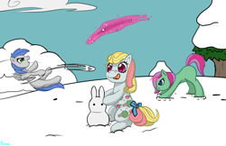 Size: 1224x792 | Tagged: safe, artist:edgarkingmaker, imported from derpibooru, baby apple delight, oc, oc:cherrystripe, oc:speed rate, pegasus, pony, unicorn, female, foal, fun, playful, playing, snow