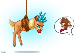 Size: 2579x1833 | Tagged: safe, artist:skorpionletun, imported from derpibooru, arizona cow, velvet reindeer, cow, deer, reindeer, them's fightin' herds, apple, apple gag, arizona (tfh), bandana, bondage, cloven hooves, community related, doe, female, food, gag, lasso, one eye closed, rope, suspended, suspension bondage, tied up, unsexy bondage, velvet (tfh), wink