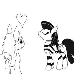 Size: 500x500 | Tagged: safe, artist:cammy, imported from derpibooru, oc, oc only, oc:ebola zeeb, oc:ganges pone, zebra, female, heart, indian, mare, monochrome, shipping, simple background, white background, zebra oc