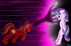 Size: 1224x792 | Tagged: safe, artist:edgarkingmaker, imported from derpibooru, starlight glimmer, oc, oc:eight star, unicorn, female, fight, magic, male