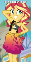 Size: 600x1196 | Tagged: safe, edit, edited screencap, imported from derpibooru, screencap, sunset shimmer, equestria girls, equestria girls series, forgotten friendship, belly button, clothes, image macro, meme, sunset selfie, swimsuit