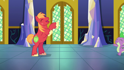 Size: 1280x720 | Tagged: safe, artist:cloudy glow, artist:cloudyglow, edit, edited screencap, editor:slayerbvc, imported from derpibooru, screencap, vector edit, big macintosh, spike, dragon, earth pony, pony, dungeons and discords, accessory-less edit, bipedal, male, missing accessory, rearing, stallion, vector