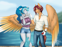 Size: 4000x3000 | Tagged: safe, artist:askbubblelee, imported from derpibooru, oc, oc only, oc:bubble lee, oc:sunstreak, oc:sunstreak quartz, anthro, pegasus, anthro oc, apple, belly button, body freckles, bubble, clothes, female, food, freckles, grin, looking at each other, male, mare, nervous, pants, shirt, shorts, smiling, stallion, story in the source