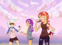 Size: 3897x2829 | Tagged: safe, artist:noahther, imported from derpibooru, starlight glimmer, sunset shimmer, trixie, human, equestria girls, blushing, clothes, cloud, counterparts, drink, female, hoodie, human coloration, humanized, jeans, pants, shirt, shorts, sky, smiling, soda, summer, sunglasses, t-shirt, tanktop, trio, twilight's counterparts