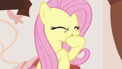 Size: 1280x720 | Tagged: safe, imported from derpibooru, screencap, fluttershy, pegasus, pony, discordant harmony, cute, eyes closed, female, giggling, mare, open mouth, shyabetes, solo