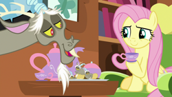 Size: 1280x720 | Tagged: safe, imported from derpibooru, screencap, discord, fluttershy, discordant harmony, book, chair, teacups, teapot