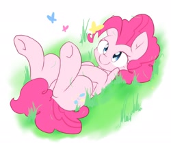 Size: 2048x1772 | Tagged: safe, artist:akainu_pony, imported from derpibooru, pinkie pie, butterfly, earth pony, pony, cute, diapinkes, female, grass, looking at something, mare, on back, smiling, solo, underhoof