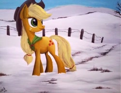 Size: 1536x1180 | Tagged: safe, artist:celestial-rainstorm, imported from derpibooru, applejack, earth pony, pony, acrylic painting, cowboy hat, female, freckles, hat, scenery, smiling, snow, solo, stetson, traditional art, walking