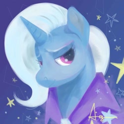 Size: 1200x1200 | Tagged: safe, artist:angstfish, deleted from derpibooru, imported from derpibooru, trixie, pony, unicorn, lidded eyes, smiling, solo