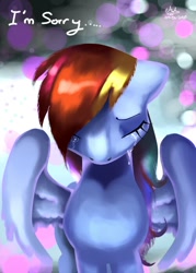 Size: 500x700 | Tagged: safe, artist:latia122, imported from derpibooru, rainbow dash, pegasus, pony, crying, eyes closed, female, i'm sorry, looking down, mare, sad, signature, solo, sorry, spread wings, wings