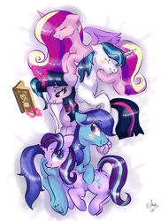 Size: 3160x4160 | Tagged: safe, artist:latia122, imported from derpibooru, princess cadance, shining armor, starlight glimmer, twilight sparkle, oc, oc:sierra nightingale, alicorn, pegasus, pony, unicorn, blushing, book, butt pillow, canon x oc, colored pupils, female, glimmgale, levitation, magic, male, mare, pony pile, self insert, signature, stallion, telekinesis, tower of pony, underhoof