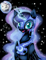 Size: 1600x2106 | Tagged: safe, artist:latia122, imported from derpibooru, nightmare moon, alicorn, pony, armor, blushing, bust, colored pupils, cute, female, glowing horn, helmet, looking at you, mare, mare in the moon, moon, open mouth, portrait, signature, solo, stars