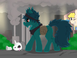 Size: 1024x768 | Tagged: safe, artist:aurorafang, imported from derpibooru, oc, oc only, earth pony, pony, unicorn, fallout equestria, billboard, building, bush, chest fluff, ear fluff, factory, former raider, grin, hooves, male, mercenary, saddle bag, scar, skull, smiling, smoke, solo, stallion, sunlight, warm