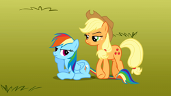 Size: 1280x720 | Tagged: safe, imported from derpibooru, screencap, applejack, rainbow dash, fall weather friends, grass, hat