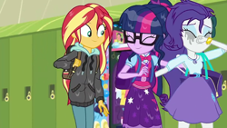 Size: 1280x720 | Tagged: safe, imported from derpibooru, screencap, rarity, sci-twi, sunset shimmer, twilight sparkle, eqg summertime shorts, equestria girls, monday blues, geode of shielding, geode of telekinesis, magical geodes, wet