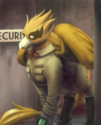 Size: 540x669 | Tagged: safe, artist:blvckmagic, imported from derpibooru, oc, oc:shady night, griffon, fallout equestria, griffon oc, military uniform, pipbuck