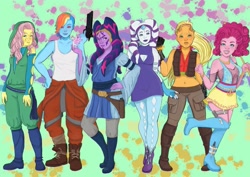 Size: 1543x1091 | Tagged: safe, artist:kutekiki, imported from derpibooru, applejack, fluttershy, pinkie pie, rainbow dash, rarity, twilight sparkle, chiss, mirialan, togruta, twi'lek, zabrak, zeltron, abstract background, blaster, boots, clothes, crossover, gun, hood, jedi, mane six, shoes, species swap, star wars, weapon