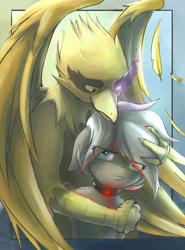 Size: 2118x2864 | Tagged: safe, artist:blvckmagic, imported from derpibooru, oc, oc only, oc:cella, oc:shady night, griffon, pony, cedy, cuddling, duo, feather, female, male, mare, pouting