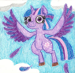 Size: 1837x1787 | Tagged: safe, artist:eternaljonathan, imported from derpibooru, twilight sparkle, alicorn, original species, colored, crayon, feather, female, flying, harpy pony, solo, species swap, traditional art, twilight sparkle (alicorn)