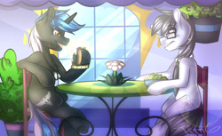 Size: 4902x2997 | Tagged: safe, artist:timkaa, artist:yuozka, imported from derpibooru, oc, oc only, oc:silver bristle, earth pony, pony, unicorn, eating, food, glasses, herbivore, male, necktie, restaurant, salad, scar, sitting, smiling, stallion, table