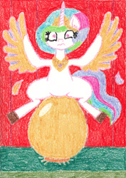 Size: 1842x2597 | Tagged: safe, artist:eternaljonathan, imported from derpibooru, princess celestia, original species, colored, crayon, egg, feather, harpy pony, oviposition, pain, species swap, teary eyes, traditional art