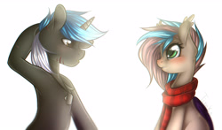 Size: 4834x2852 | Tagged: safe, artist:timkaa, artist:yuozka, imported from derpibooru, oc, oc only, pegasus, pony, unicorn, blushing, clothes, dog tags, scarf