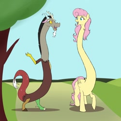 Size: 1280x1280 | Tagged: safe, artist:astr0zone, imported from derpibooru, discord, fluttershy, draconequus, pegasus, pony, impossibly long neck, necc, tree