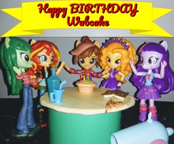 Size: 2068x1712 | Tagged: safe, artist:artking3000, imported from derpibooru, adagio dazzle, sunset shimmer, twilight sparkle, wallflower blush, oc, oc:cupcake slash, equestria girls, birthday, clothes, custom, customized toy, doll, equestria girls minis, food, irl, muffin, party, photo, table, toy, wubcake