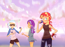 Size: 3897x2829 | Tagged: safe, artist:noahther, edit, imported from derpibooru, starlight glimmer, sunset shimmer, trixie, human, blushing, clothes, cloud, counterparts, drink, hoodie, humanized, jeans, pants, shorts, sky, smiling, summer, sunglasses, super mario bros., twilight's counterparts