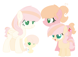 Size: 624x457 | Tagged: safe, artist:pastelmlpdrawings, imported from derpibooru, oc, oc only, oc:berry butter, oc:flower marble, oc:golden heart, oc:sweet honey, earth pony, pegasus, pony, baby, baby pony, base used, colored pupils, female, filly, freckles, mare, offspring, parent:big macintosh, parent:fluttershy, parents:fluttermac, simple background, sisters, white background