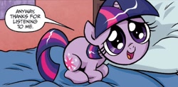 Size: 754x371 | Tagged: safe, artist:brendahickey, idw, imported from derpibooru, twilight sparkle, pony, adorable face, bed, cute, female, filly, filly twilight sparkle, pillow, solo, twiabetes, younger