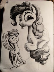 Size: 900x1200 | Tagged: safe, artist:ponsce, imported from derpibooru, pinkie pie, rainbow dash, pony, monochrome, pinkie being pinkie, pinkie physics, spread wings, tongue out, traditional art, wide eyes, wings