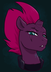 Size: 1200x1670 | Tagged: safe, artist:catacujo, imported from derpibooru, tempest shadow, pony, unicorn, my little pony: the movie, broken horn, bust, eye scar, female, lidded eyes, looking at you, mare, scar, solo