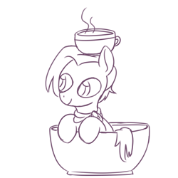 Size: 1600x1600 | Tagged: safe, artist:rawrienstein, imported from derpibooru, jasmine leaf, earth pony, pony, cup, cup of pony, female, food, mare, micro, monochrome, simple background, smiling, solo, tea, white background