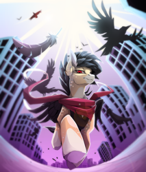 Size: 2553x3000 | Tagged: safe, artist:taiga-blackfield, imported from derpibooru, oc, oc only, oc:blackfeather, bird, crow, pegasus, pony, building, city, clothes, looking at you, looking down, red eyes, scarf, solo