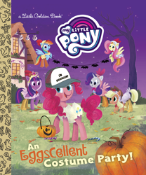 Size: 1250x1500 | Tagged: safe, artist:leire martin, edit, imported from derpibooru, applejack, fluttershy, pinkie pie, rainbow dash, rarity, twilight sparkle, alicorn, earth pony, pegasus, pony, unicorn, an egg-cellent costume party, bad pun, clothes, costume, crossover, egg costume, halloween, halloween costume, hat, holiday, little golden book, mane six, nightmare night, pumpkin bucket, pun, regular show, twilight sparkle (alicorn)