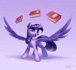 Size: 2380x2207 | Tagged: safe, artist:luciferamon, imported from derpibooru, twilight sparkle, alicorn, pony, book, female, glowing horn, gradient background, horn, levitation, magic, magic aura, mare, shadow, signature, smiling, solo, spread wings, telekinesis, twilight sparkle (alicorn), wings