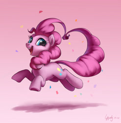 Size: 2380x2407 | Tagged: safe, artist:luciferamon, imported from derpibooru, pinkie pie, earth pony, pony, confetti, cute, diapinkes, female, gradient background, happy, jumping, looking at you, mare, open mouth, ponk, shadow, signature, smiling, solo, underhoof