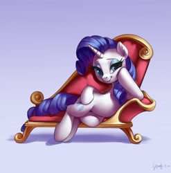 Size: 2380x2407 | Tagged: safe, artist:luciferamon, imported from derpibooru, rarity, pony, unicorn, couch, cute, draw me like one of your french girls, fainting couch, female, gradient background, horn, looking at you, mare, raribetes, shadow, signature, smiling, solo