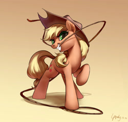 Size: 2480x2357 | Tagged: safe, artist:luciferamon, imported from derpibooru, applejack, earth pony, pony, brown background, cowboy hat, female, gradient background, hat, lasso, looking at you, mare, mouth hold, raised hoof, rope, shadow, signature, smiling, solo