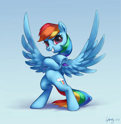 Size: 2275x2337 | Tagged: safe, artist:luciferamon, imported from derpibooru, rainbow dash, pegasus, pony, backwards cutie mark, bipedal, crossed arms, female, gradient background, looking at you, mare, shadow, signature, smiling, solo, spread wings, wings