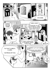 Size: 752x1062 | Tagged: safe, artist:candyclumsy, imported from derpibooru, oc, oc only, earth pony, pegasus, pony, comic:becoming the façade, colt, comic, disguise, disguised changeling, female, food, male, mare, monochrome, stallion, this will end in tears and/or death