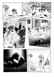 Size: 752x1062 | Tagged: safe, artist:candyclumsy, imported from derpibooru, oc, oc only, earth pony, pegasus, pony, comic:becoming the façade, bar, cider, colt, comic, cuffs, disguise, disguised changeling, female, food, football, male, mare, monochrome, mug, picnic, royal guard, sports, stallion, tankard, this will end in tears and/or death